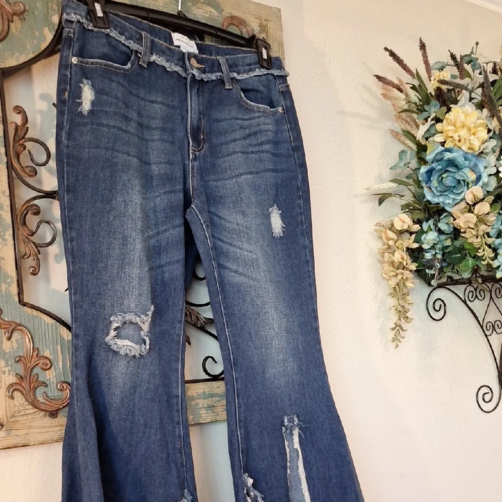 For The Republic Dark Blue Frayed Hem Wide Leg Jeans. NWOT Size 10 - Picture 5 of 11